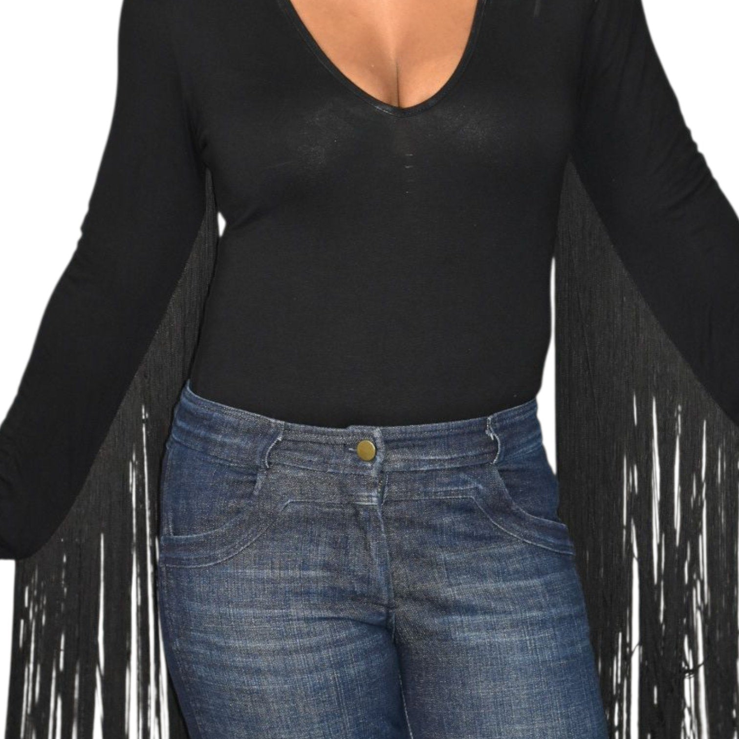 ASOS Fringe Bodysuit Black Plunge V Neck Long Sleeve Top Stretch Statement Blouse 6