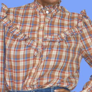 Vintage Plaid Ruffle Blouse Brown Victorian High Neck Shirt Homemade Yoked Small