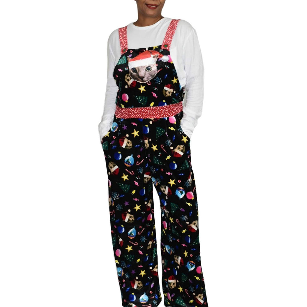 Celebrate Together Christmas Cat Bib Overalls Black Tacky Holiday Velour Velvet Jumpsuit XL