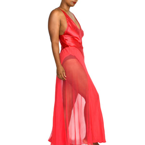 Victorias Secret Red Silk Nightgown Satin Sheer Tulle Chiffon Long Maxi Slip XS