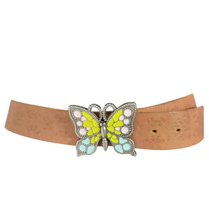 Fossil Butterfly Leather Belt Tan Brown Buckle Retro Hippie Tooled Embroidered Small