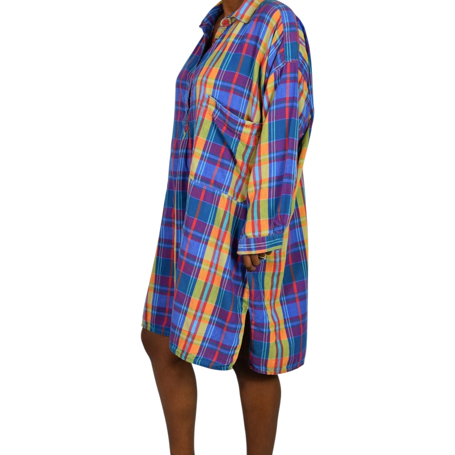 Bloomingdales Lingerie Vintage Nightshirt Blue Plaid Check Bloomies Shirtdress Button Front Dress Pockets Cotton Oversized One Size