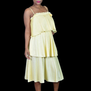 Vintage 70s Tiered Midi Dress Yellow Ruffle Plisse Lemon Sunny Pastel Homemade Size Large