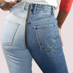 Revice Ying Yang Crop Jeans Blue Two Tone Denim Straight Front to Back Zipper High Waisted 27