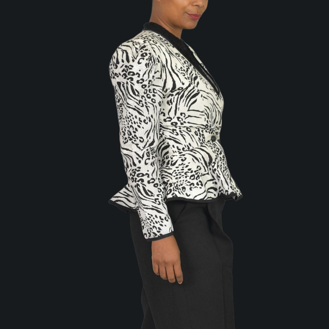 Vintage Jessica Howard 80s Power Blazer Jacket White Black Animal Print Shoulder Pads Peplum Small