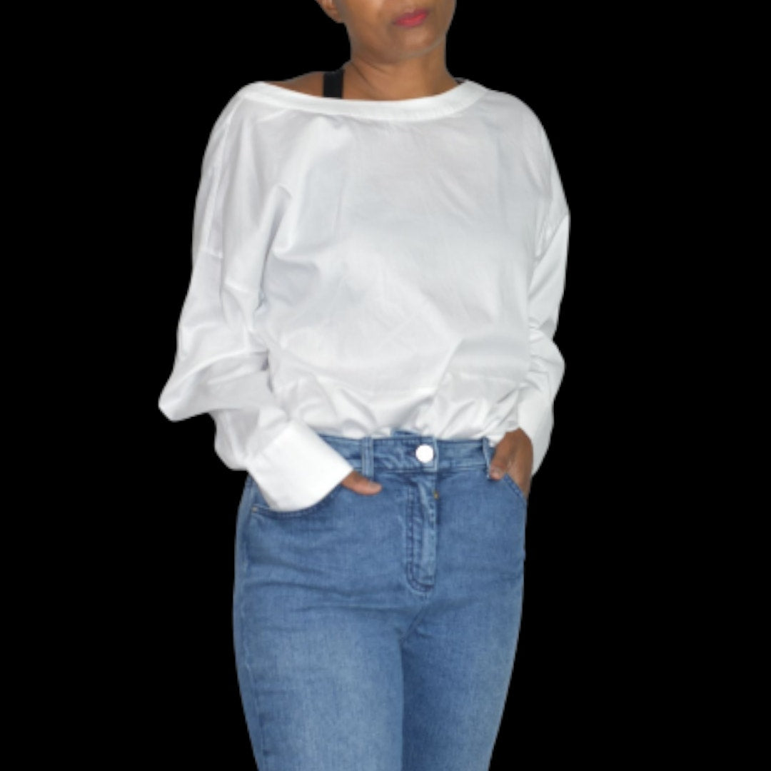 Harshman Anthropologie Cotton Blouse White Shirt Tie Button Back Oversized Backwards Small