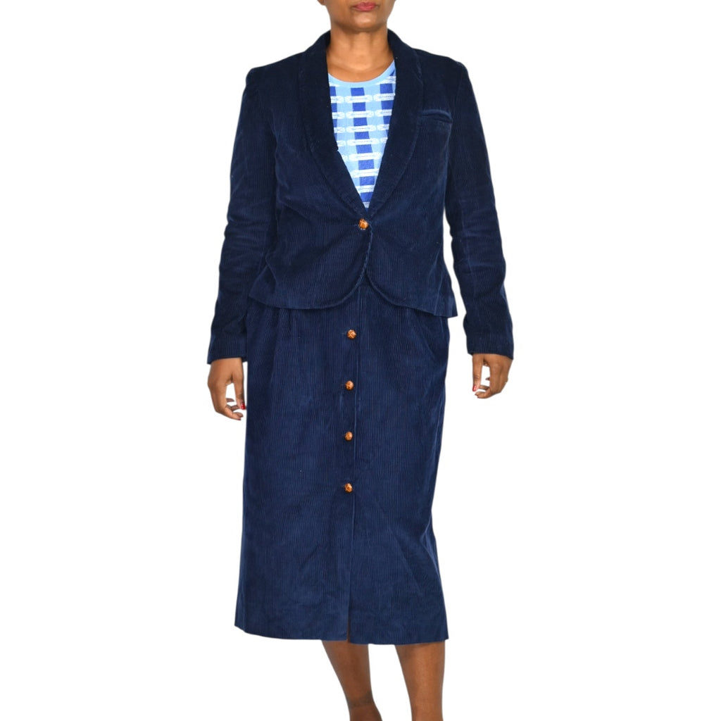 Young Traditions Vintage Corduroy Skirt Suit Set Blue Navy Blazer Jacket 80s Midi Small