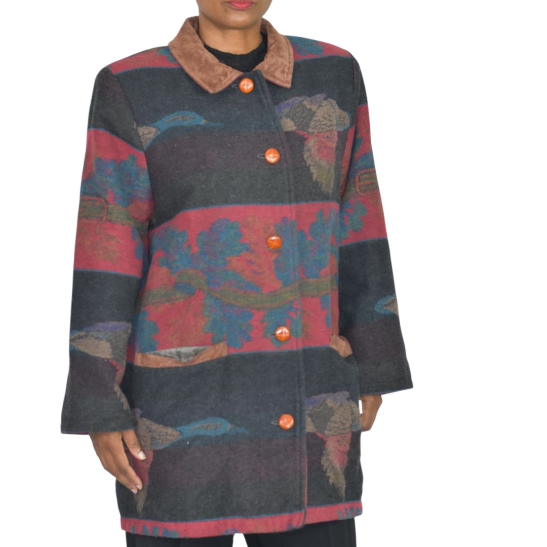 VINTAGE Flytime Tapestry Mallard Coat Italy Wool Duck Foliage Oversized Medium