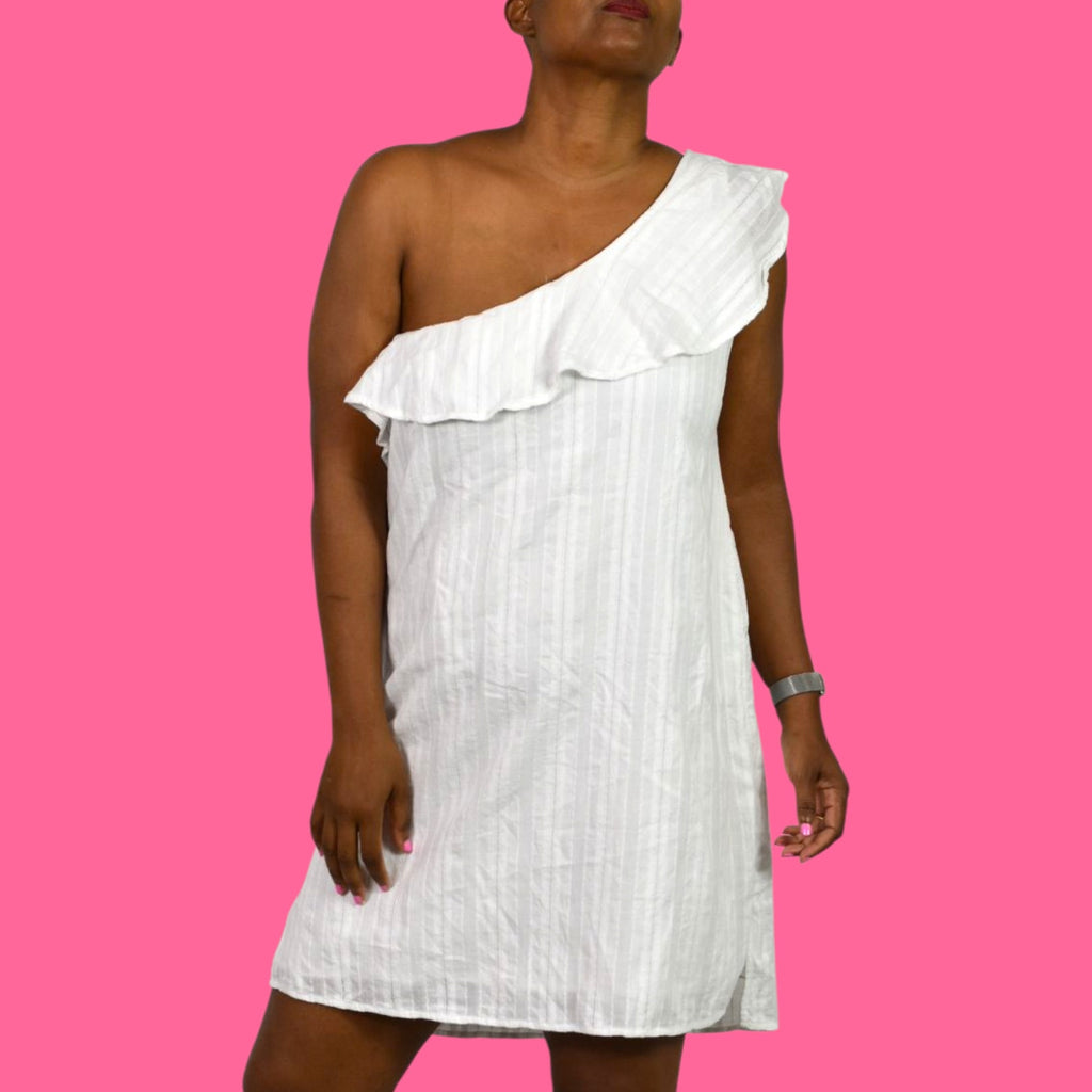 Cloth and Stone One Shoulder Dress White Mini Shift Ruffle Textured Cotton Slits Medium