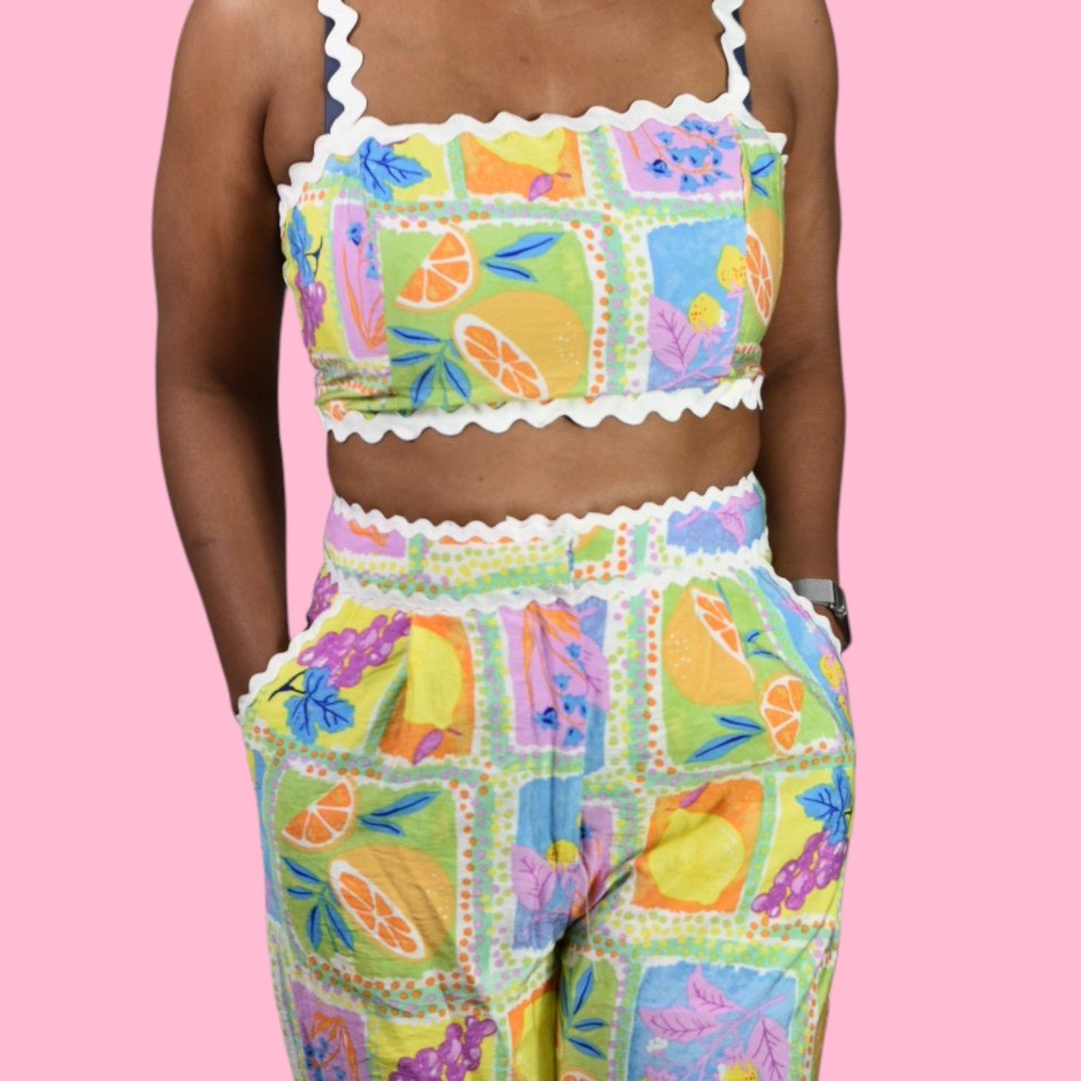 Fore Fruit Print Pant Set Yellow Block Print Matching CoOrd Crop Top Wide Leg Medium