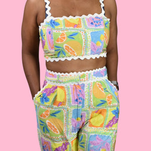 Fore Fruit Print Pant Set Yellow Block Print Matching CoOrd Crop Top Wide Leg Medium