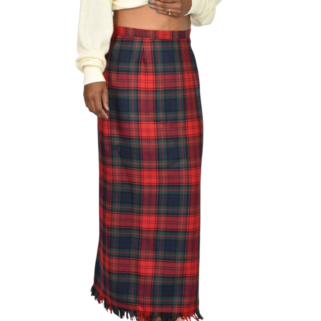 Vintage Rafaella Sport Tartan Maxi Skirt Red Plaid Check Fringe Slit Wool Long Straight Column 8