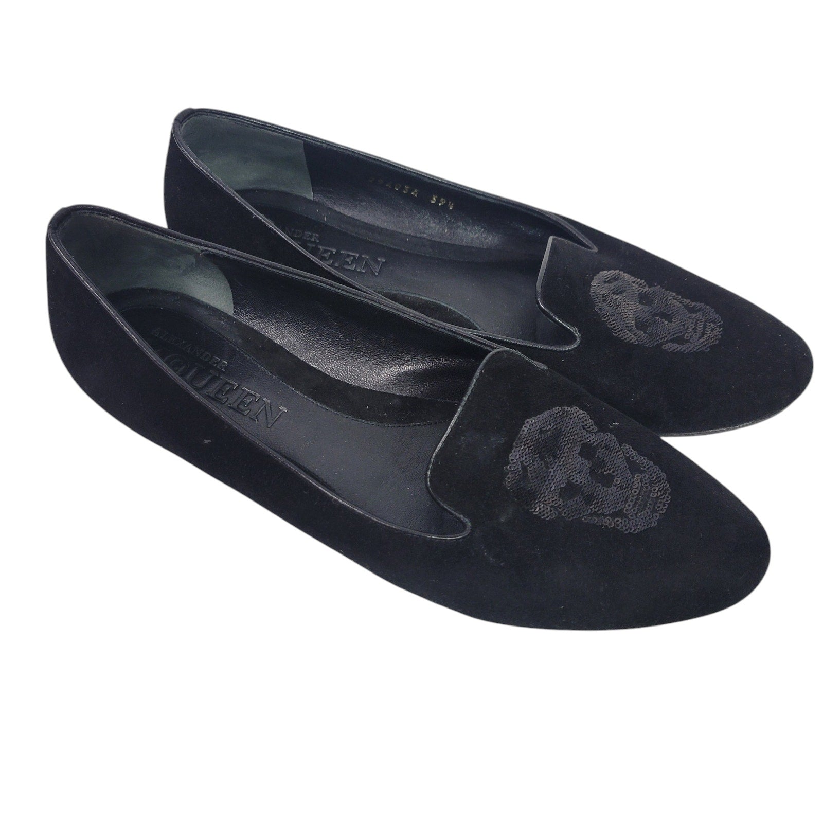 Alexander McQueen Skull Loafers Black Suede Flats Leather Sequin Slip On Semi Pointed Toe 39.5 9.5