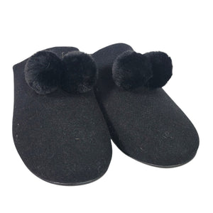 Fitflop Chrissie Slippers Black Felt Pom Pom Mules Slip On Slides Flats Lounge 8