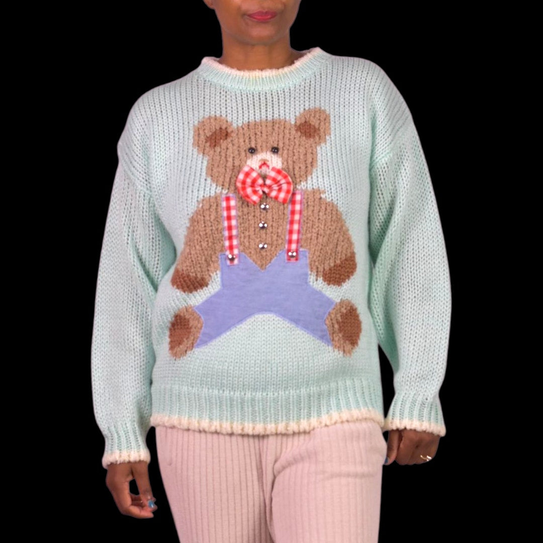 Vintage Far and Near Teddy Bear 3D Sweater Green Pastel Textured Fairy Kei Kawaii 90s Campy Novelty Large