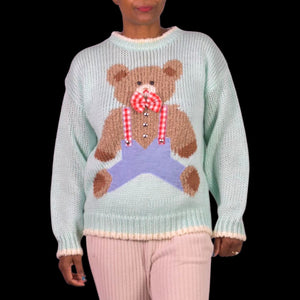 Vintage Far and Near Teddy Bear 3D Sweater Green Pastel Textured Fairy Kei Kawaii 90s Campy Novelty Large