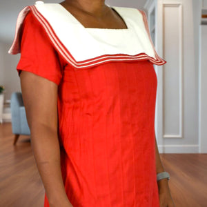 Vintage Sarah Elizabeth Sailor Collar Maxi Dress Red White Nautical Rayon Column Pleated Retro Flapper Medium