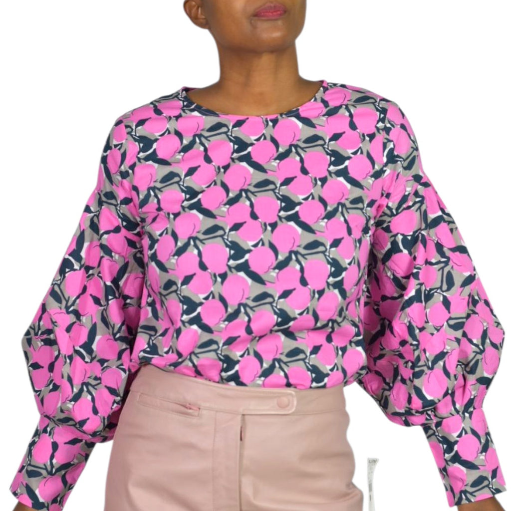 The Sang Fruit Floral Print Blouse Pink Cotton Poplin Statement Balloon Sleeves Top Small