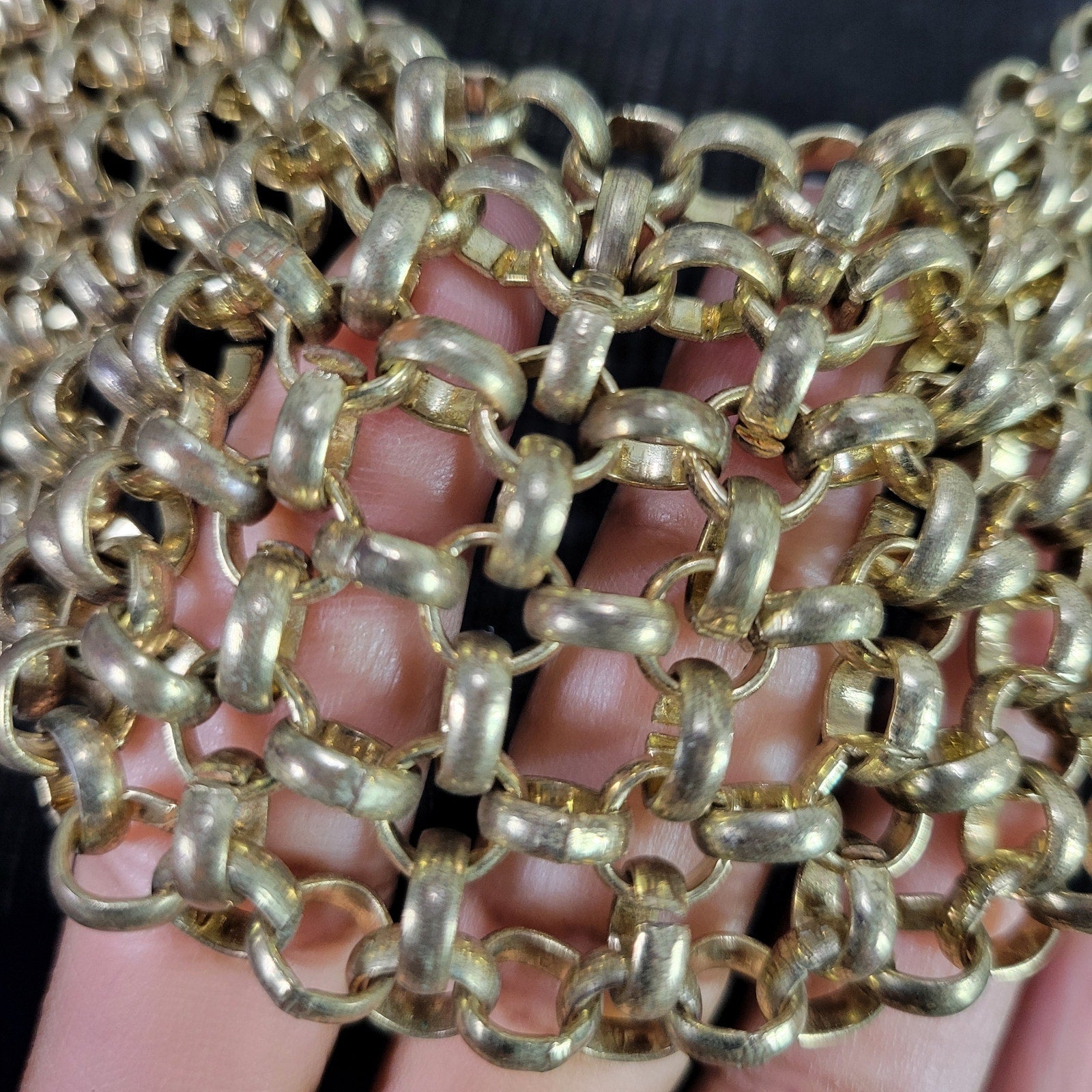 Chainmail Necklace Gold Tone Chain Link Mesh Bib Maille Draped Honeycomb Hooks Loops