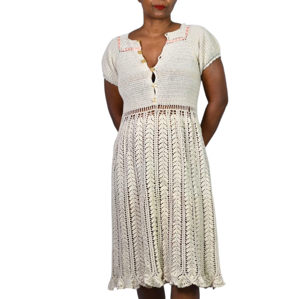 Handmade Crochet Knit Midi Dress Beige Oatmeal Knitted Vintage Lattice Short Sleeve Small