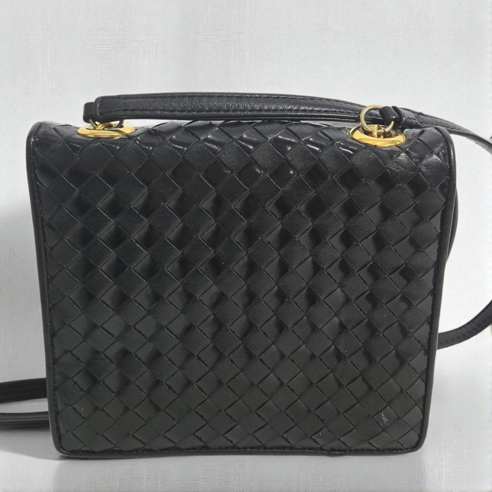 Vintage Talbots Woven Tassel Bag Black Leather Crossbody Mini Box Square Snap Flap Envelope