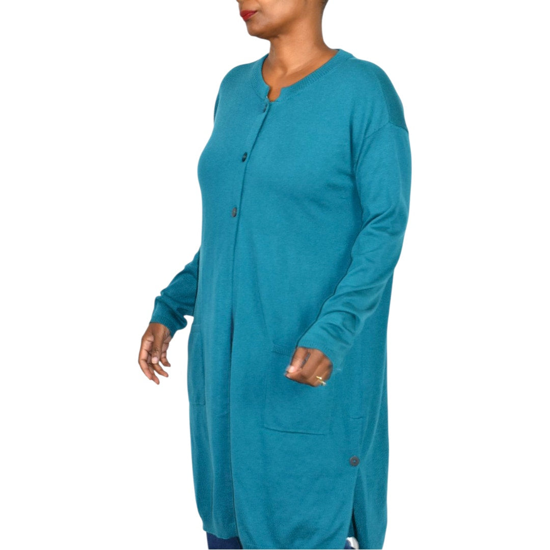 J Jill Longline Cardigan Sweater Green Teal Blue Long Duster Knit Classic Medium