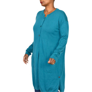 J Jill Longline Cardigan Sweater Green Teal Blue Long Duster Knit Classic Medium