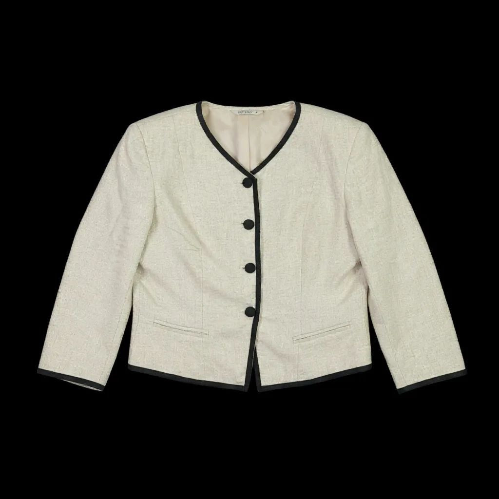 Vintage Althuser Linen Blend Blazer Jacket Beige Cropped Black Trim Tailored Shoulder Pads 10