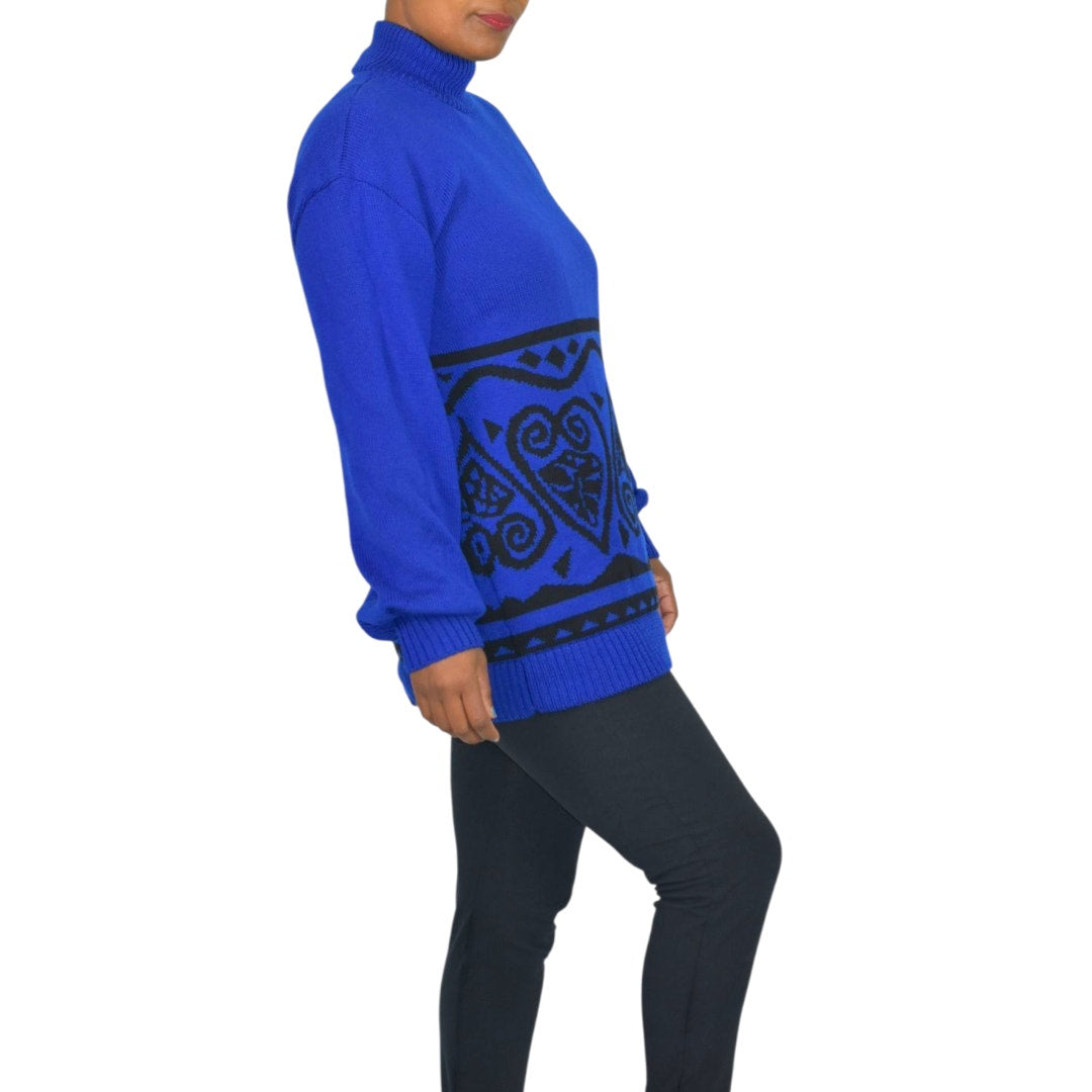 Vintage St John Sportswear Sweater Royal Blue Marie Gray Patterned Turtleneck Medium