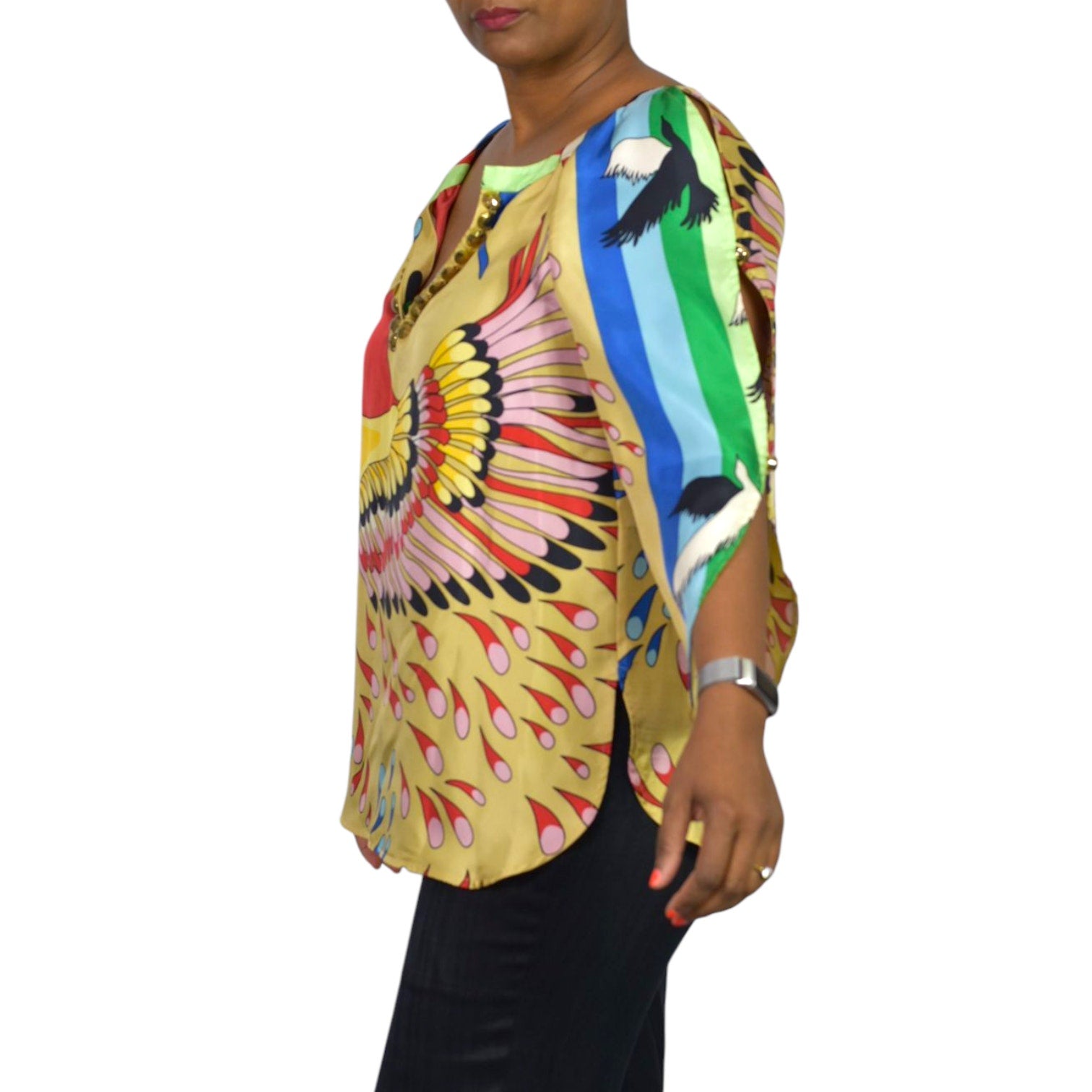 TIBI Silk Printed Tunic Yellow Colorful Peacock Jeweled Studded Blue Cutouts Birds 6
