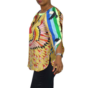TIBI Silk Printed Tunic Yellow Colorful Peacock Jeweled Studded Blue Cutouts Birds 6