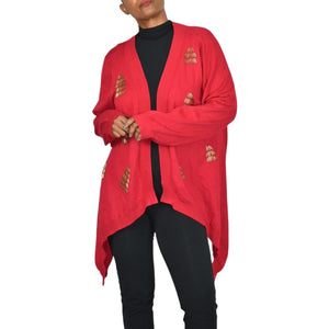 Michael Simon Cardigan Sweater Red Duster Beaded Christmas Trees Asymmetric Cotton Plus 1X