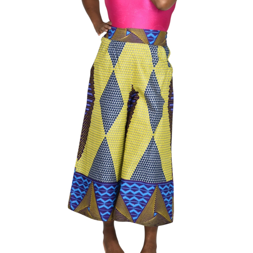 Grass Fields Ankara Wide Leg Crop Pants Yellow Culottes Gaucho African Print Small Medium