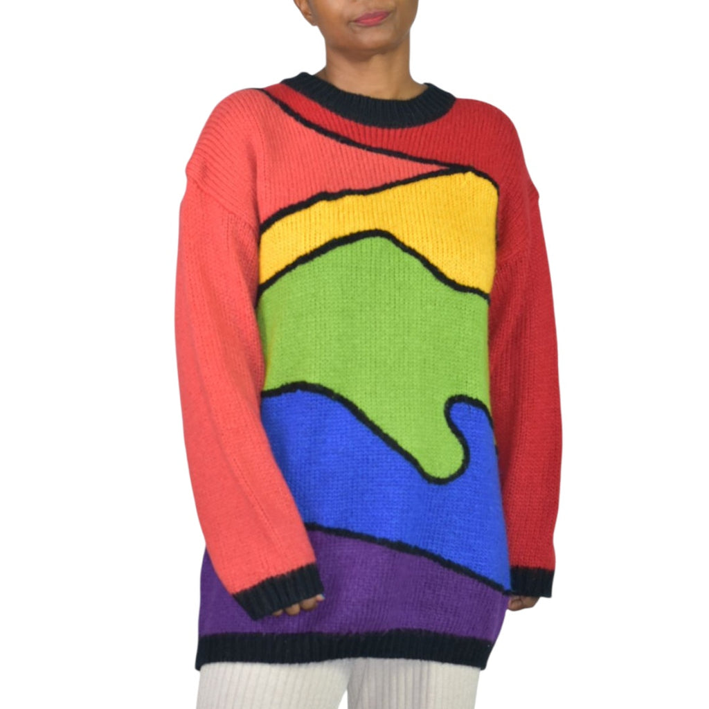 Vintage Design Zone Color Block Sweater Green Multi Abstract Colorful Long Crew Bright Large