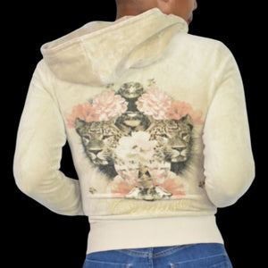 Juicy Couture Velour Hoodie Beige Zip Front Y2K Jacket Leopard Diamond Airbrush Logo Small
