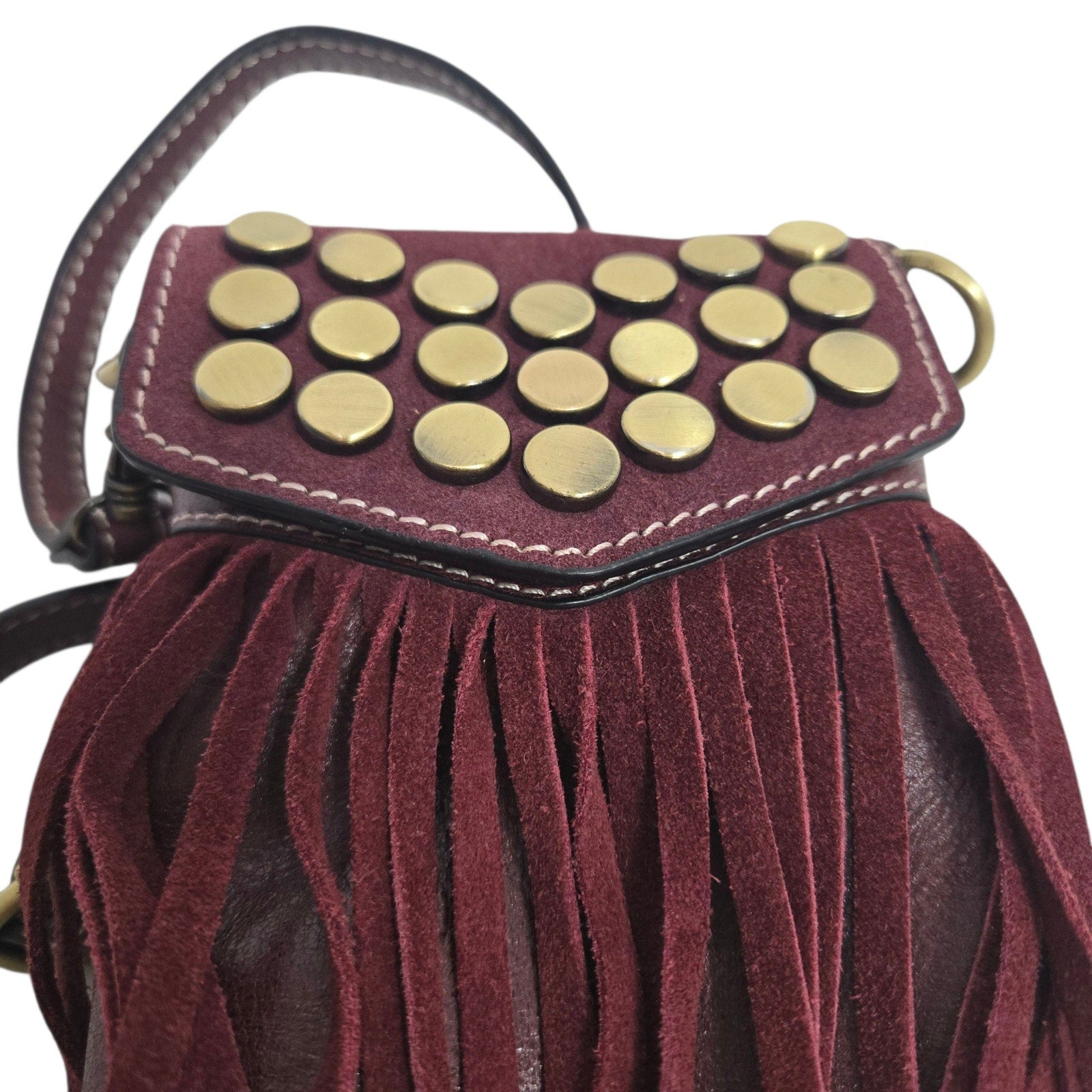 Firenze Bella Fringe Leather Bag Red Burgundy Studded Crossbody Pouch Adjustable Compact
