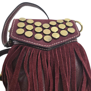 Firenze Bella Fringe Leather Bag Red Burgundy Studded Crossbody Pouch Adjustable Compact