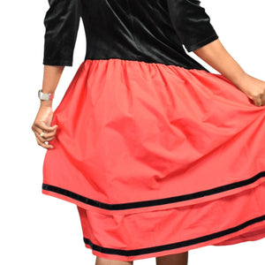 Vintage 80s Black Velvet Dress Red Taffeta Asymmetrical Ruffle Tiered Stretch Handmade Large