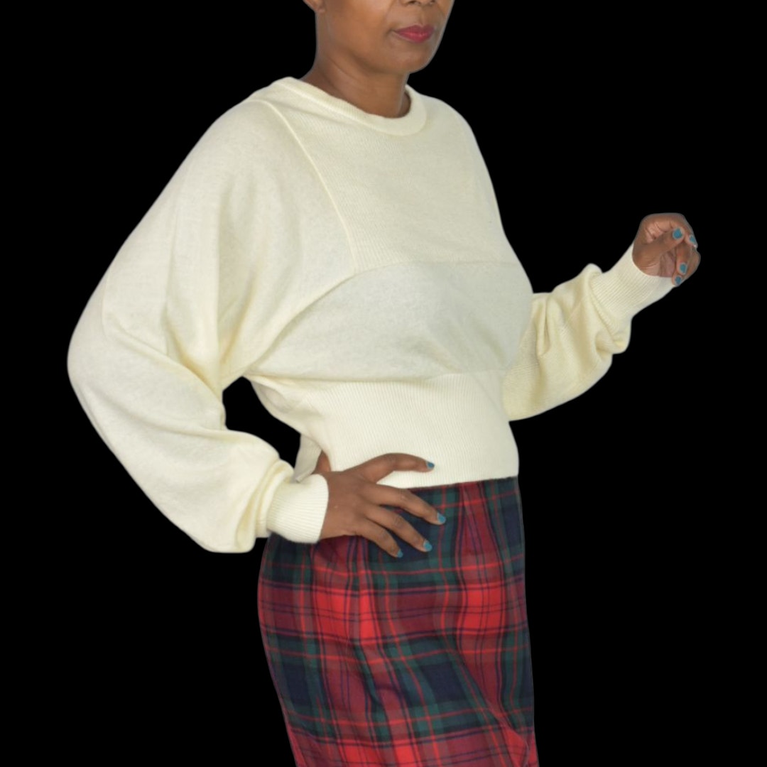 Frenken Rock Knit Top Off White Beige Wool Batwing Drop Sleeve Ribbed Crew Neck Medium