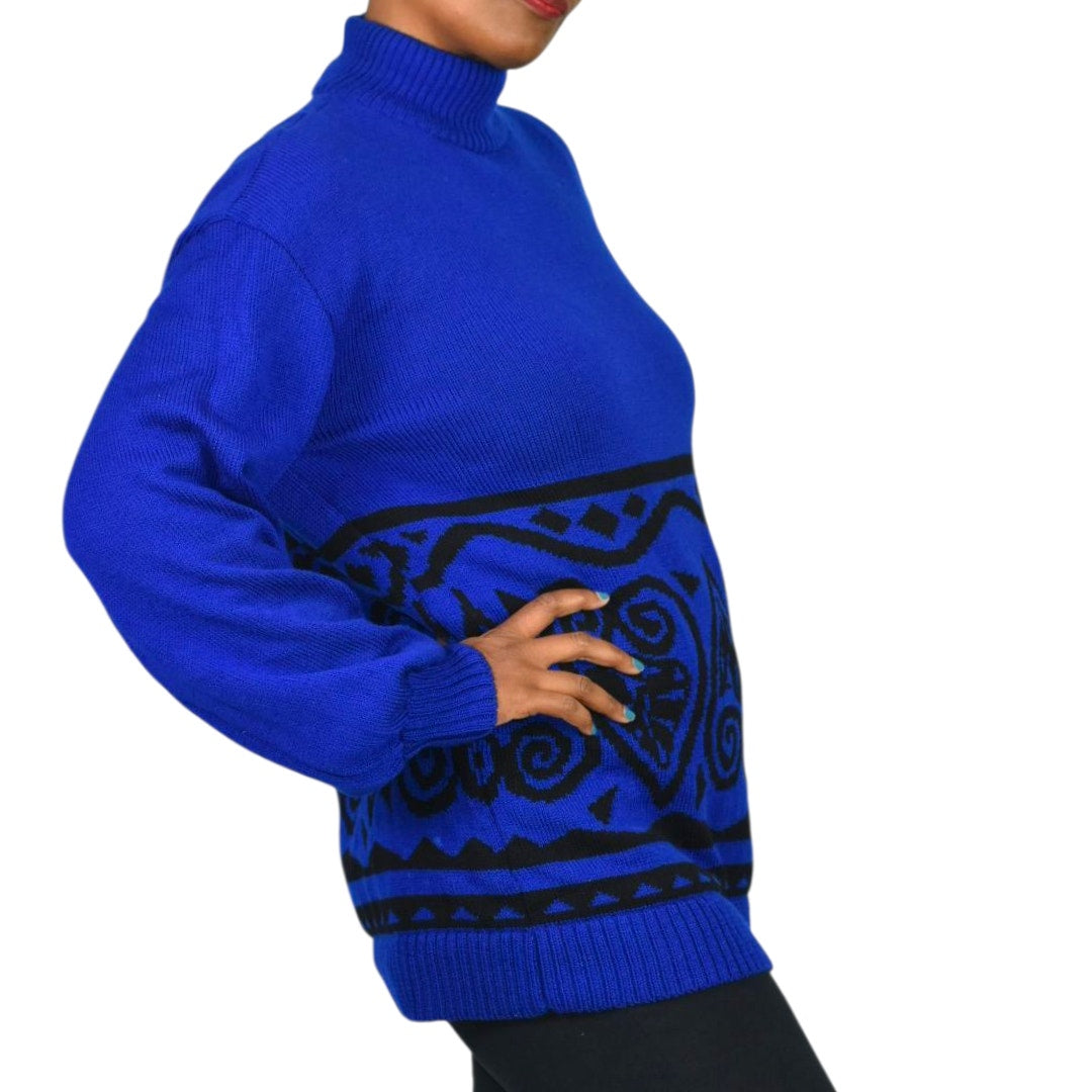 Vintage St John Sportswear Sweater Royal Blue Marie Gray Patterned Turtleneck Medium