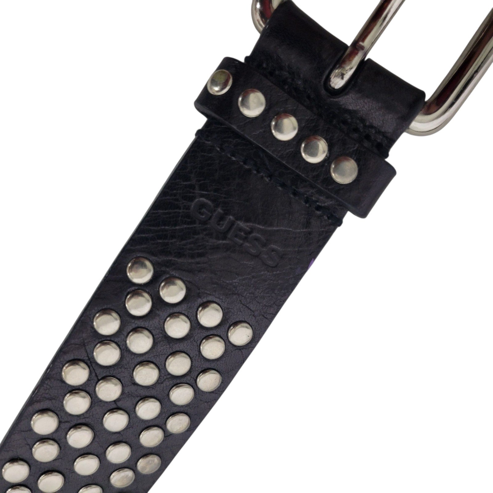 Guess Studded Leather Belt Silver Rivet Black Brass Buckle Edgy Moto Biker Large