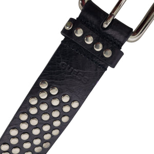 Guess Studded Leather Belt Silver Rivet Black Brass Buckle Edgy Moto Biker Large