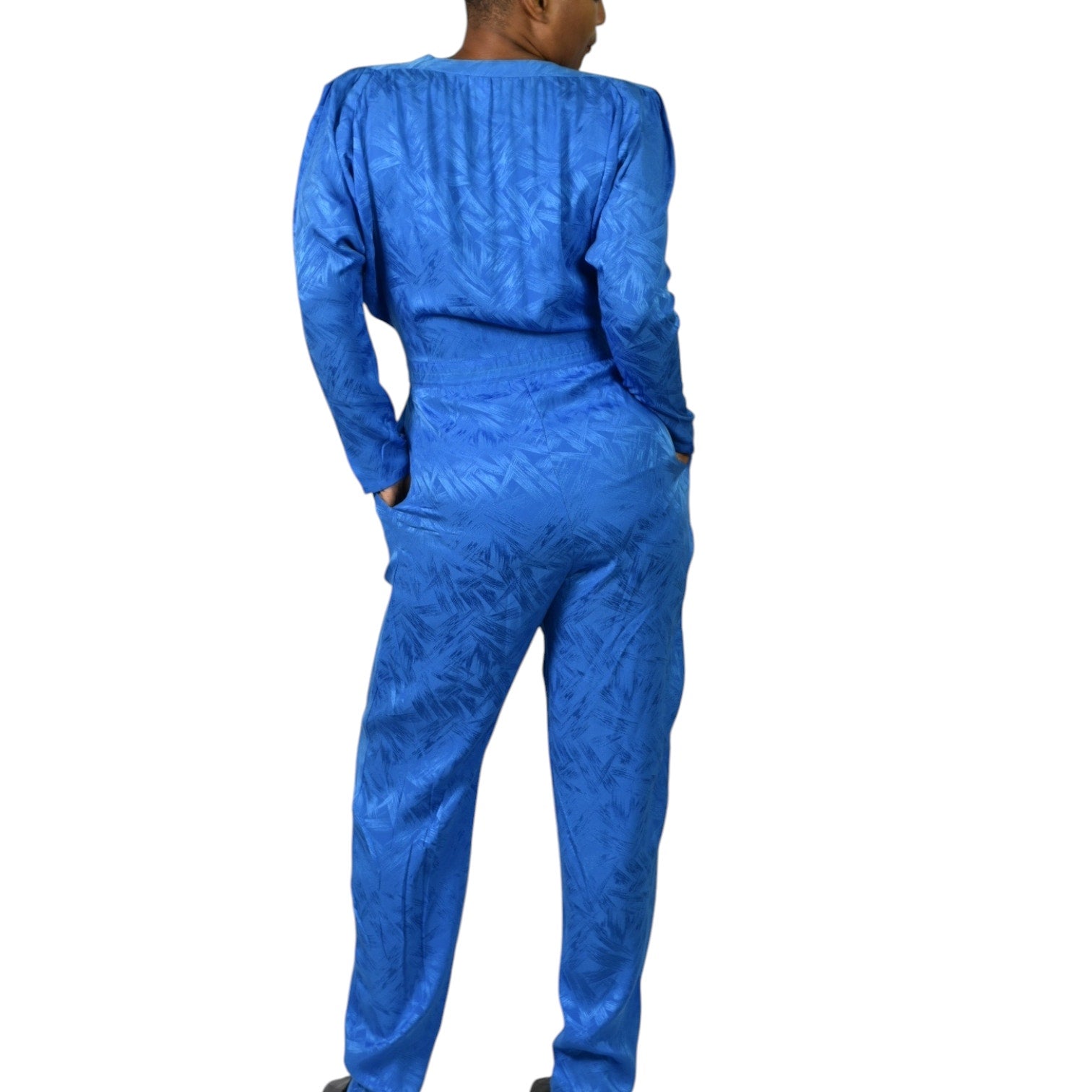 Nora Noh Silk Jumpsuit Blue Vintage Silky Shoulder Pads Tapered Boilersuit Jacquard Small