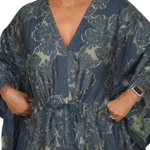 Billy Reid Juniper Jacquard Kaftan Dress Blue Floral Long Oversized Patio Muumuu Caftan Fringe Medium Large M L