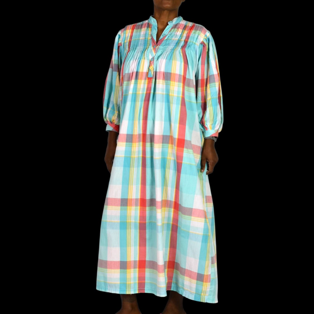 Vintage Saybury Nightshirt Blue Plaid Check Shirtdress Dress Pockets Cotton Pastel Oversized Muumuu Small