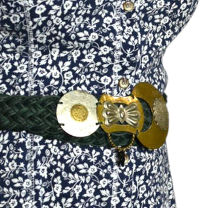 Baer SF Braided Belt Green Leather Mixed Embellished Media Metals Discs Arty Bohemian Handmade