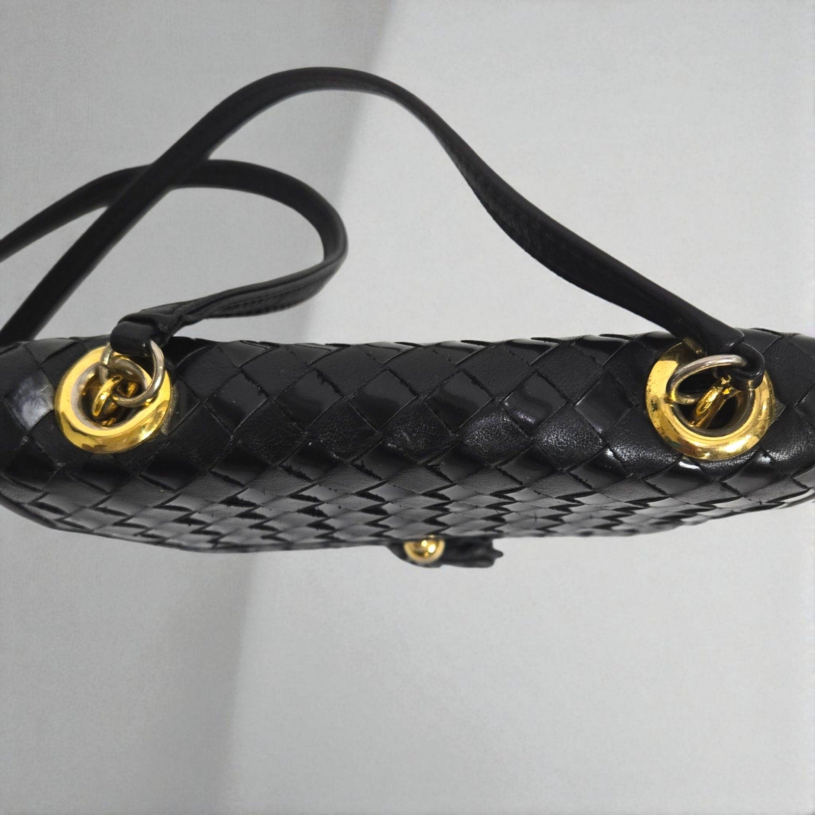Vintage Talbots Woven Tassel Bag Black Leather Crossbody Mini Box Square Snap Flap Envelope