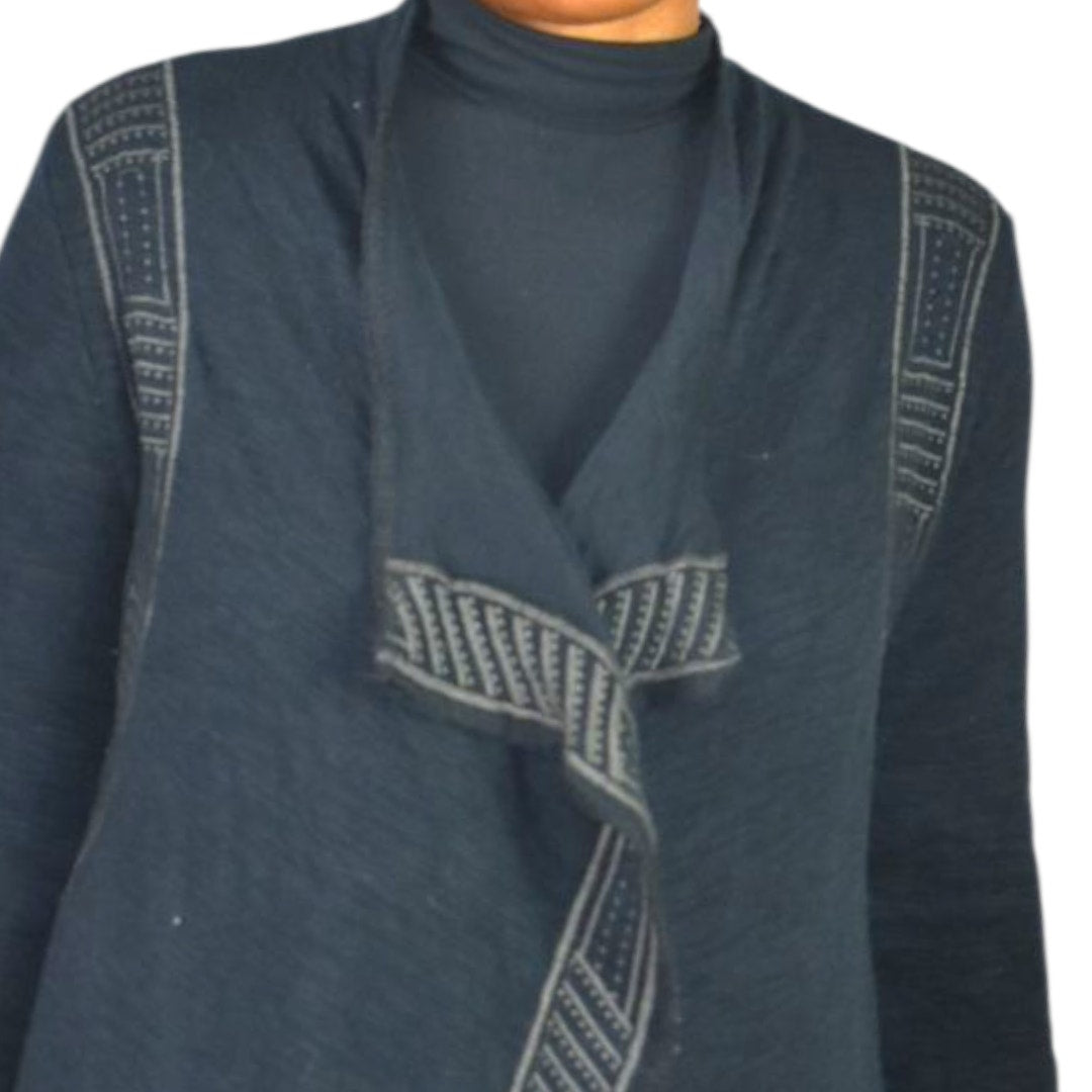 Paparazzi Biz Embroidered Asymmetric Cardigan Jacket Black Duster Cotton Open Front Medium
