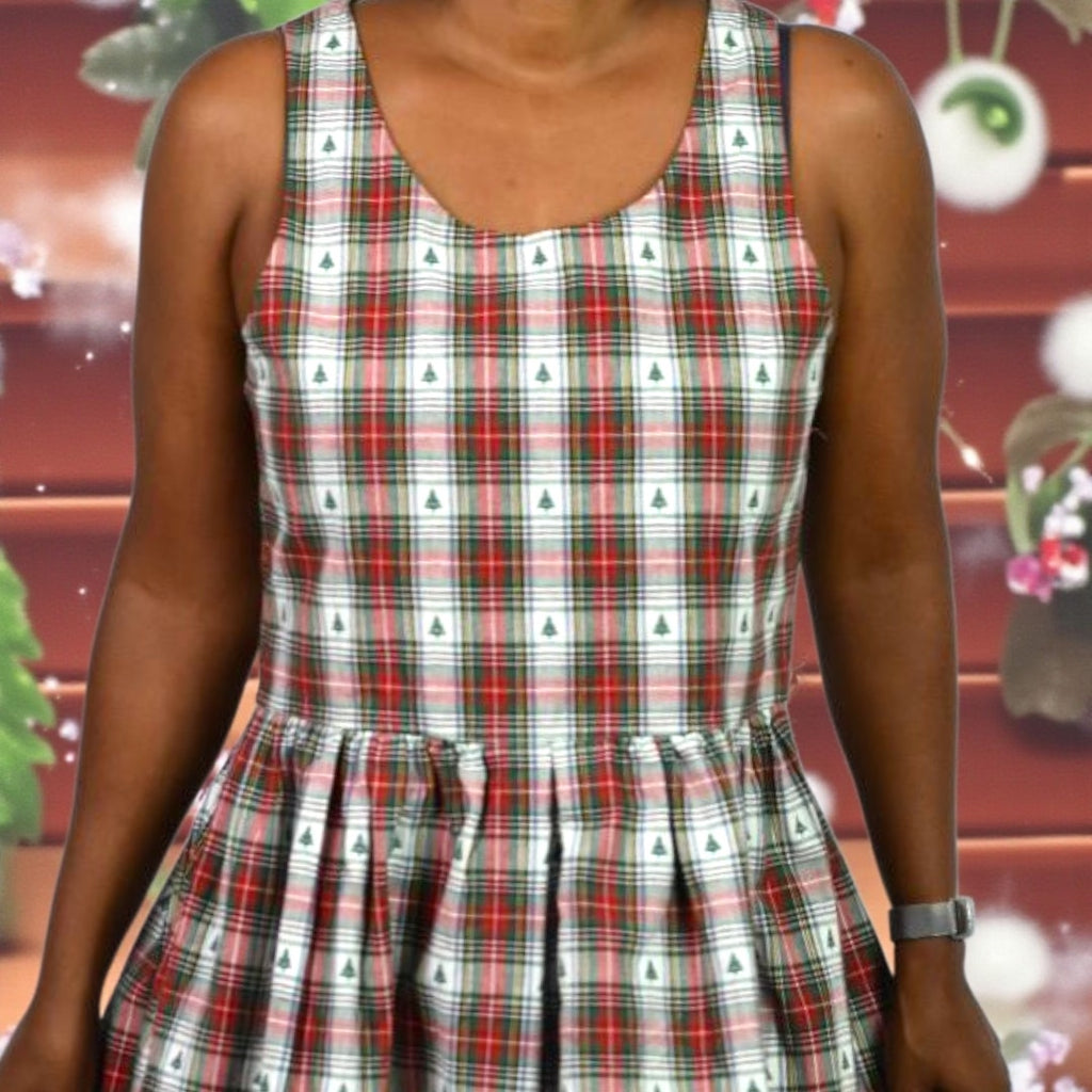 Vintage Plaid Christmas Tree Dress Red Tartan Jumper Pinafore Smock Long Festive Handmade Medium