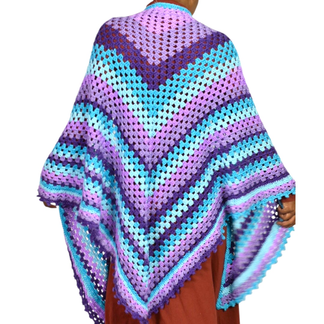 Hand Knit Crochet Shawl Blue Purple Ombre Blanket Wrap Triangle Granny Squares Vintage Afghan One Size S M L